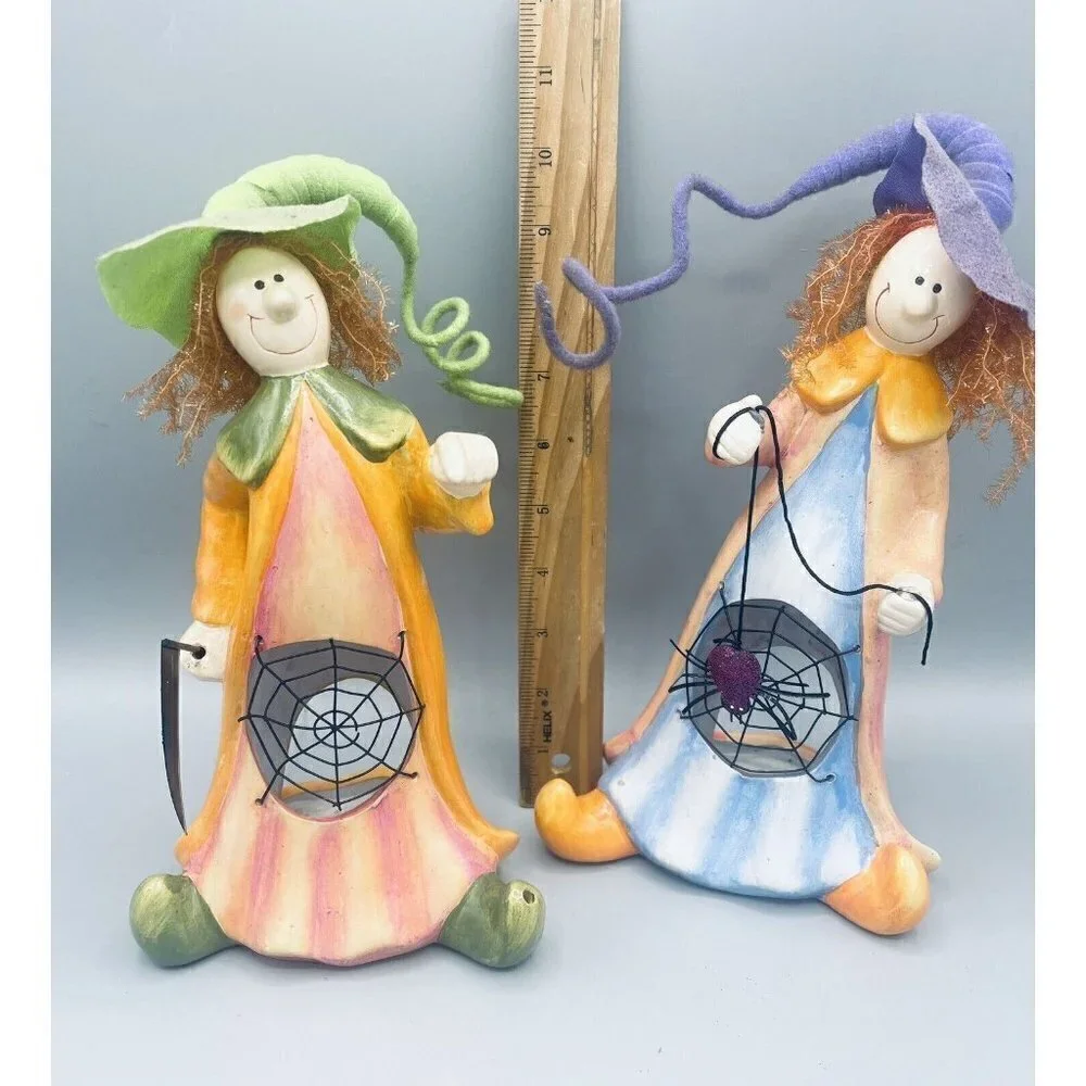Pair Of Witches Candle Holders Spiderweb Whimsical Pink Purple Green Tea light